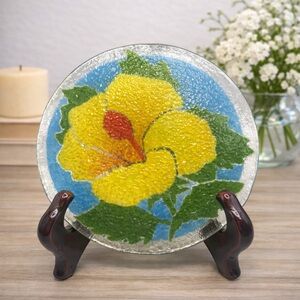 Vibrant Yellow Floral Glass Art Plate